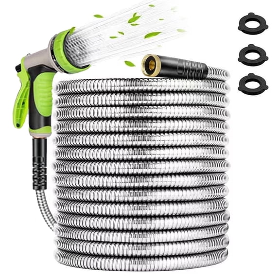 Metal Garden Hose 50ft, 304 Stainless Steel Garden Hose, Heavy Duty Water Hoses with 10 Function Hose Nozzle, Flexible, No Kink & Tangle, Puncture Proof Hose for Yard, Outdoors, Rv