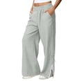 thumbnail image 2 of Hfnxid Women Cotton Linen Pants Casual Loose Fit Palazzo Pant High Waist Wide Leg Trousers Side Slit Lace Trim Lounge Trousers Going Out Beach Vacation Slacks Gray L, 2 of 9