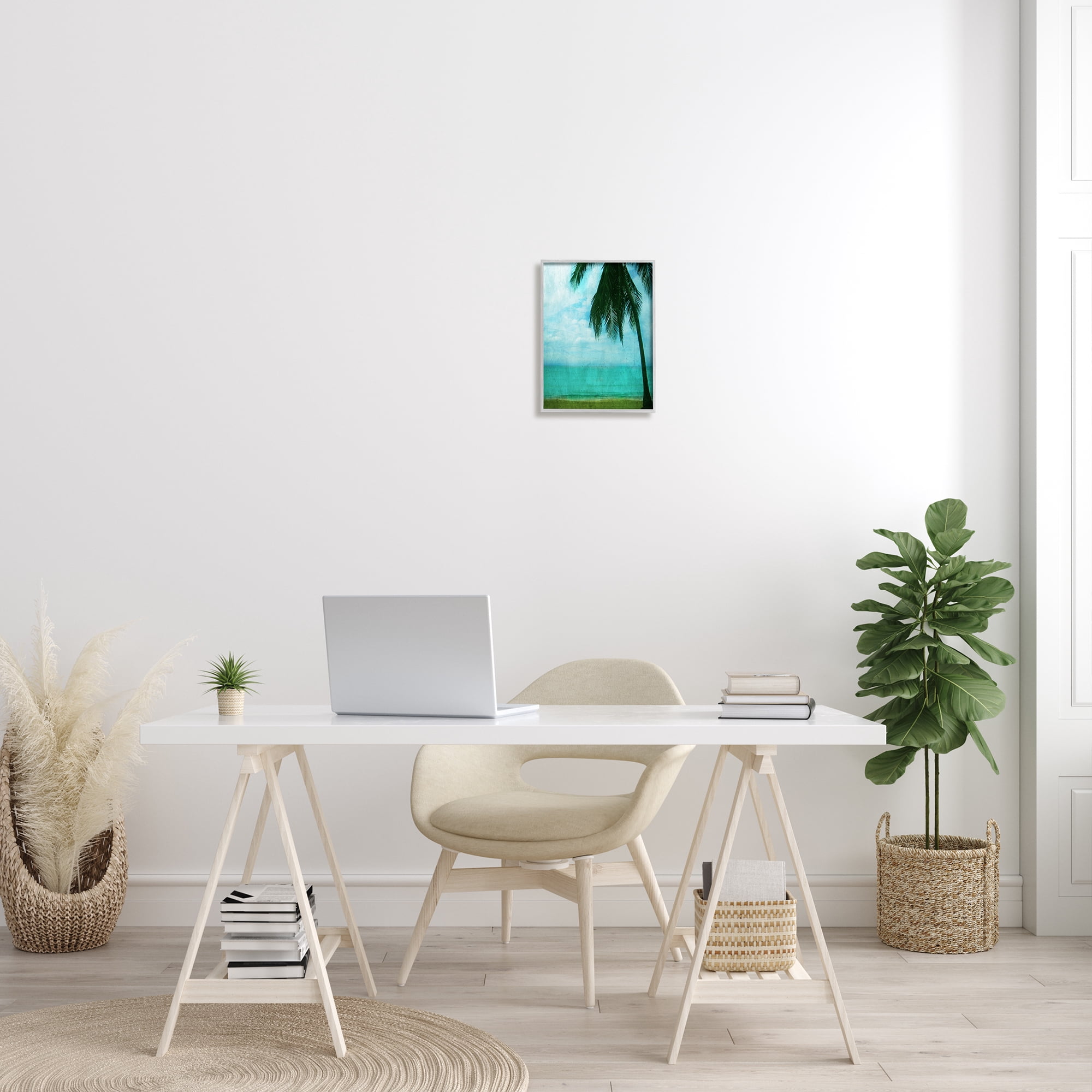 Stupell Industries Tropical Coast Palm Tree Silhouette Distressed Scratch Pattern Tropical Painting Gray Framed Art Print Wall Art, 11 x 14, Design by Ashley Calhoun