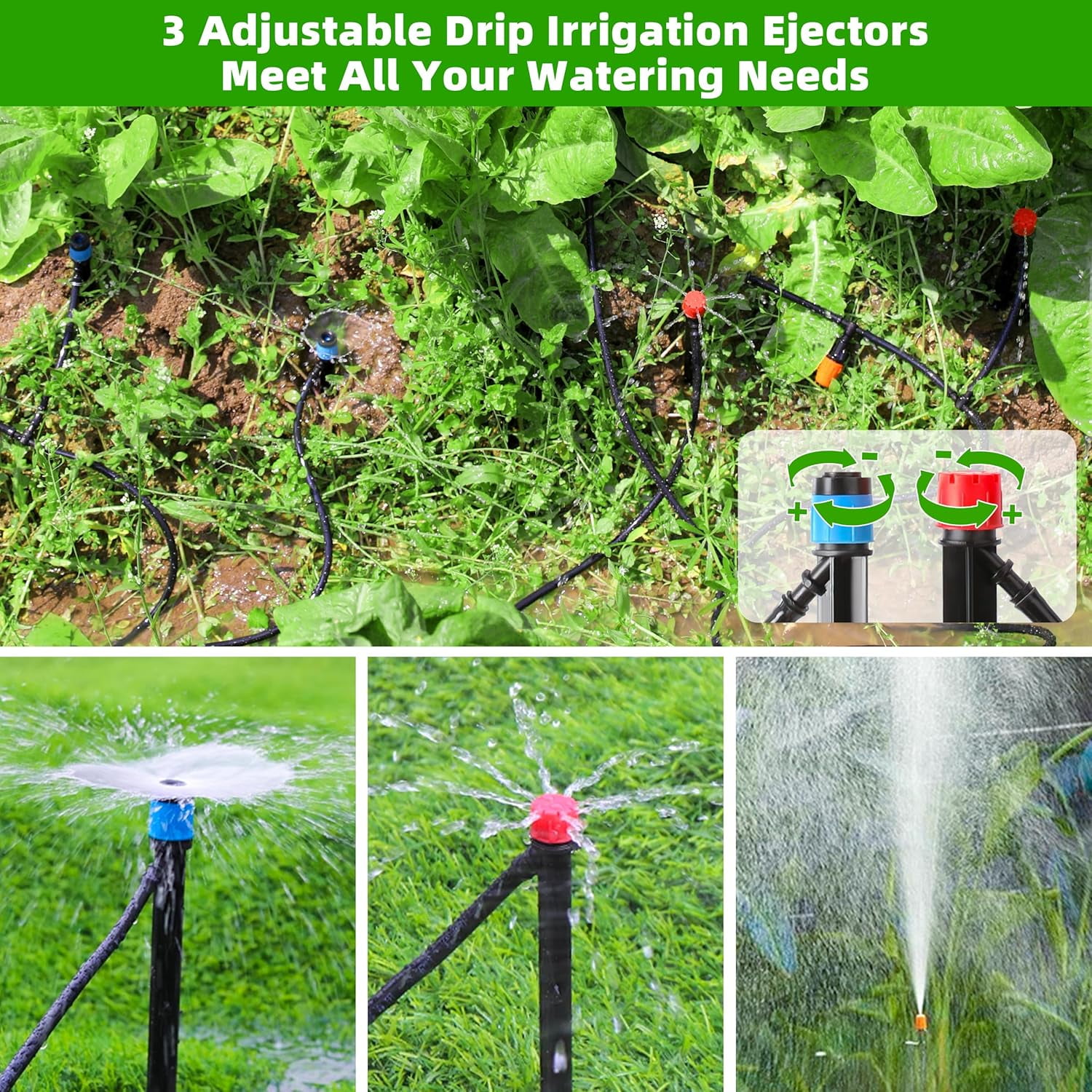 Drip Irrigation System Kit, 240 Ft Automatic DIY Garden Watering and Misting Set, Adjustable Drip Emitters, 5/16 in and 1/4 in Tubing, Connectors and Fittings