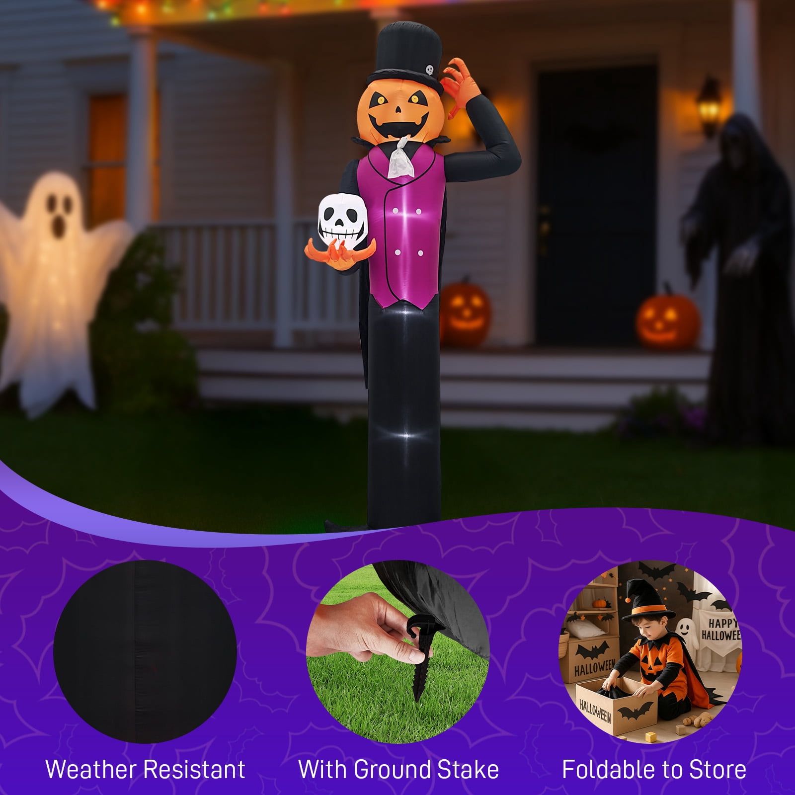 Astoutdoor 12 ft Halloween Inflatable Pumpkin Man Holding Skull with Built-in White LEDs
