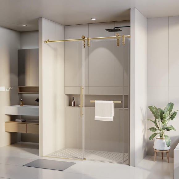 Gotland Shower Door 60 in. W x 75.5 in. H Sliding Glass Shower Door Two Glass Panels Clear Tempered Glass, Gold