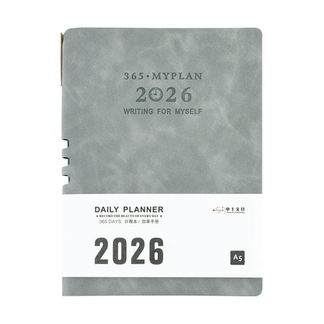 Grey 2026 Calendar Planner With Date Notebook A5 Size Faux Leather Cover Grey Color Coil Binding Thick Paper For Journaling Planning Note Taking