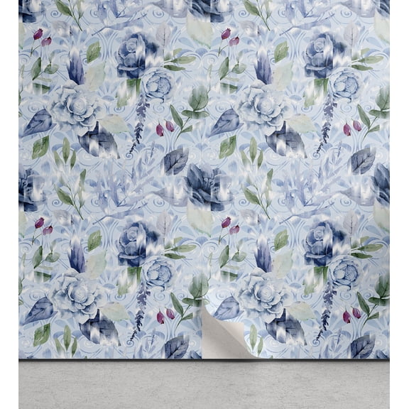 Ambesonne Flowers Boho Peel & Stick Wallpaper for Home, Leaves Greenery Art, 13"x100", Pale Blue Peacock Green