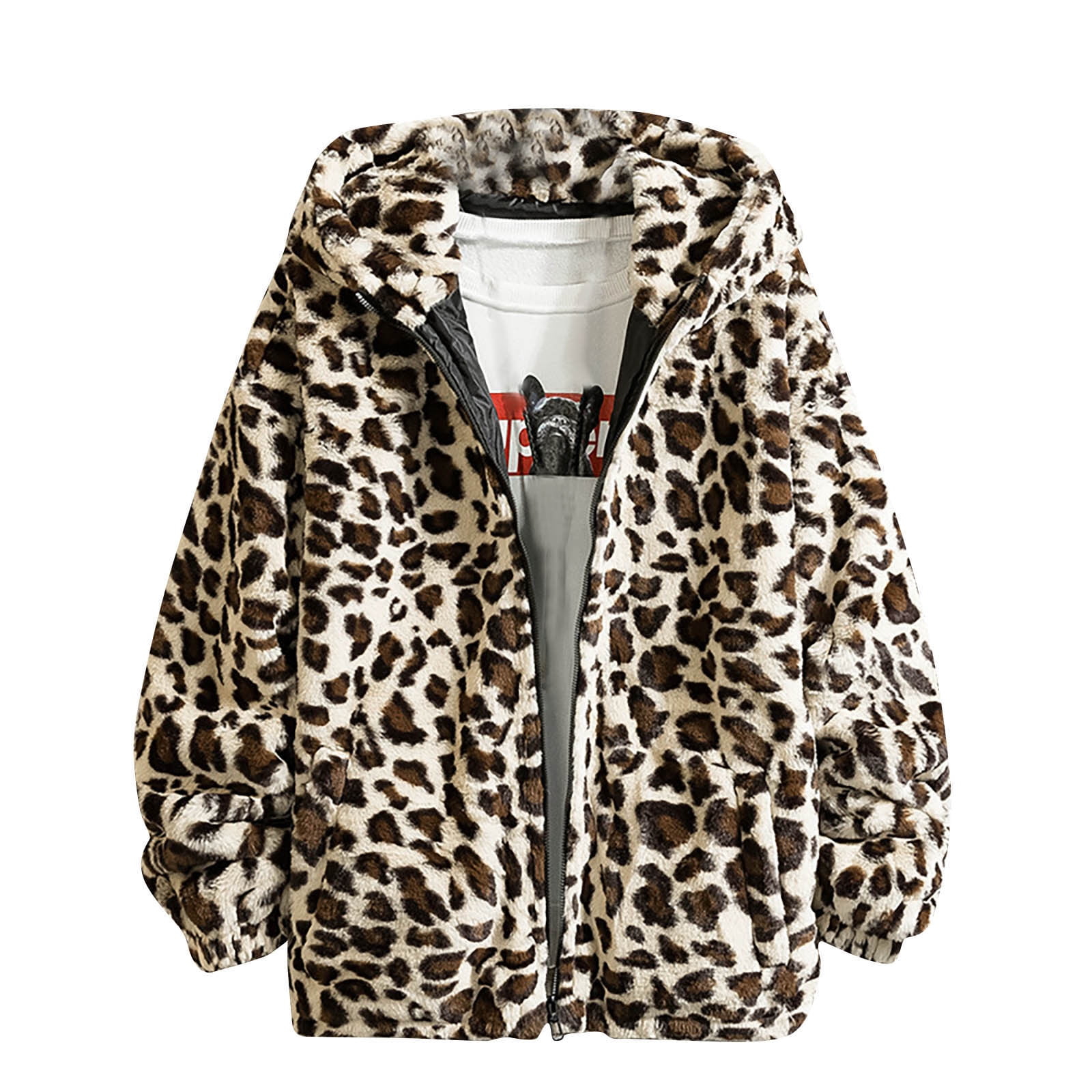 Fengqque Men's Faux Fur Leopard Hooded Jacket Shaggy Coat Zip Up