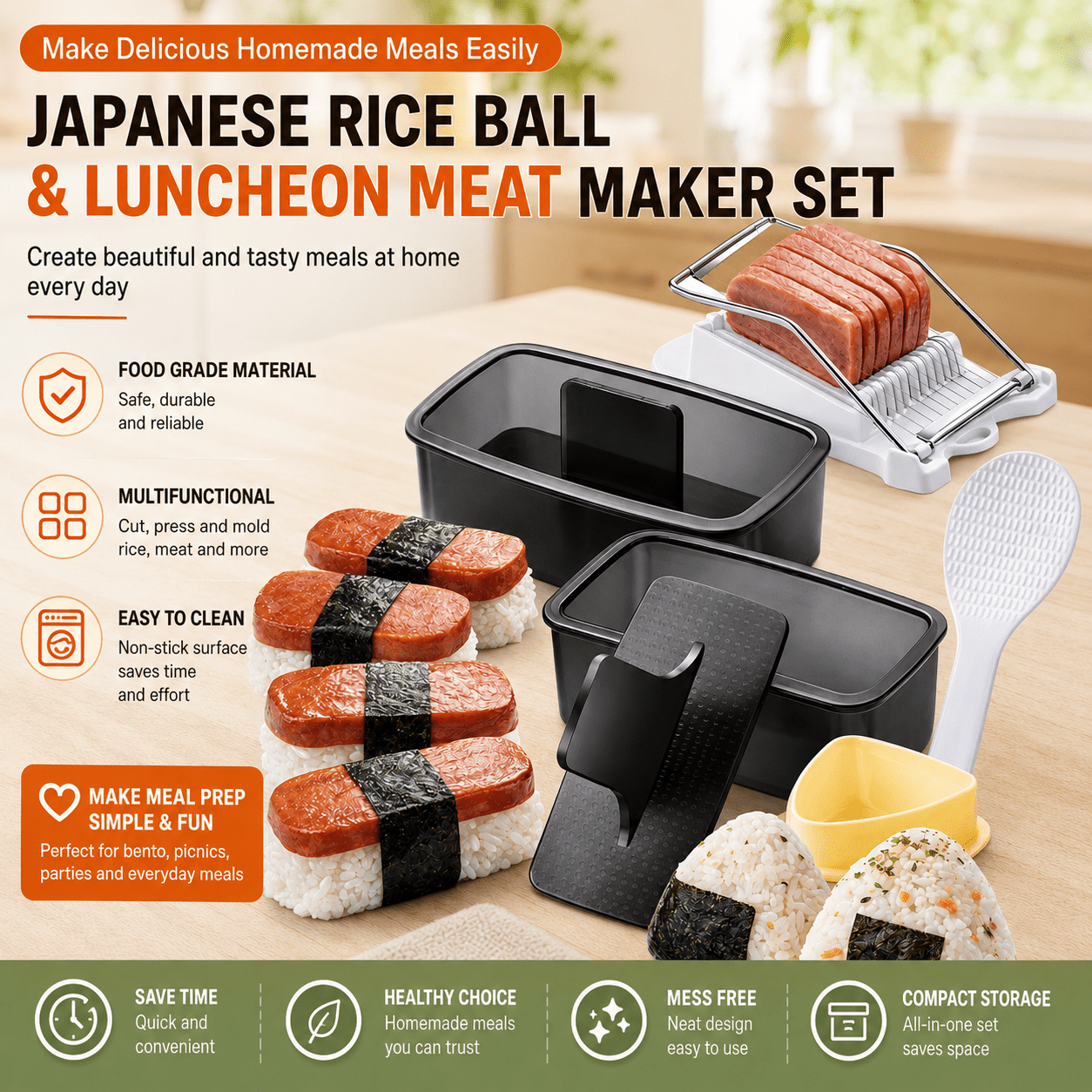 FUNGYAND Musubi Maker Press Kit with Spam Slicer Onigiri Mold for Lunch Bento, Homemade Sushi