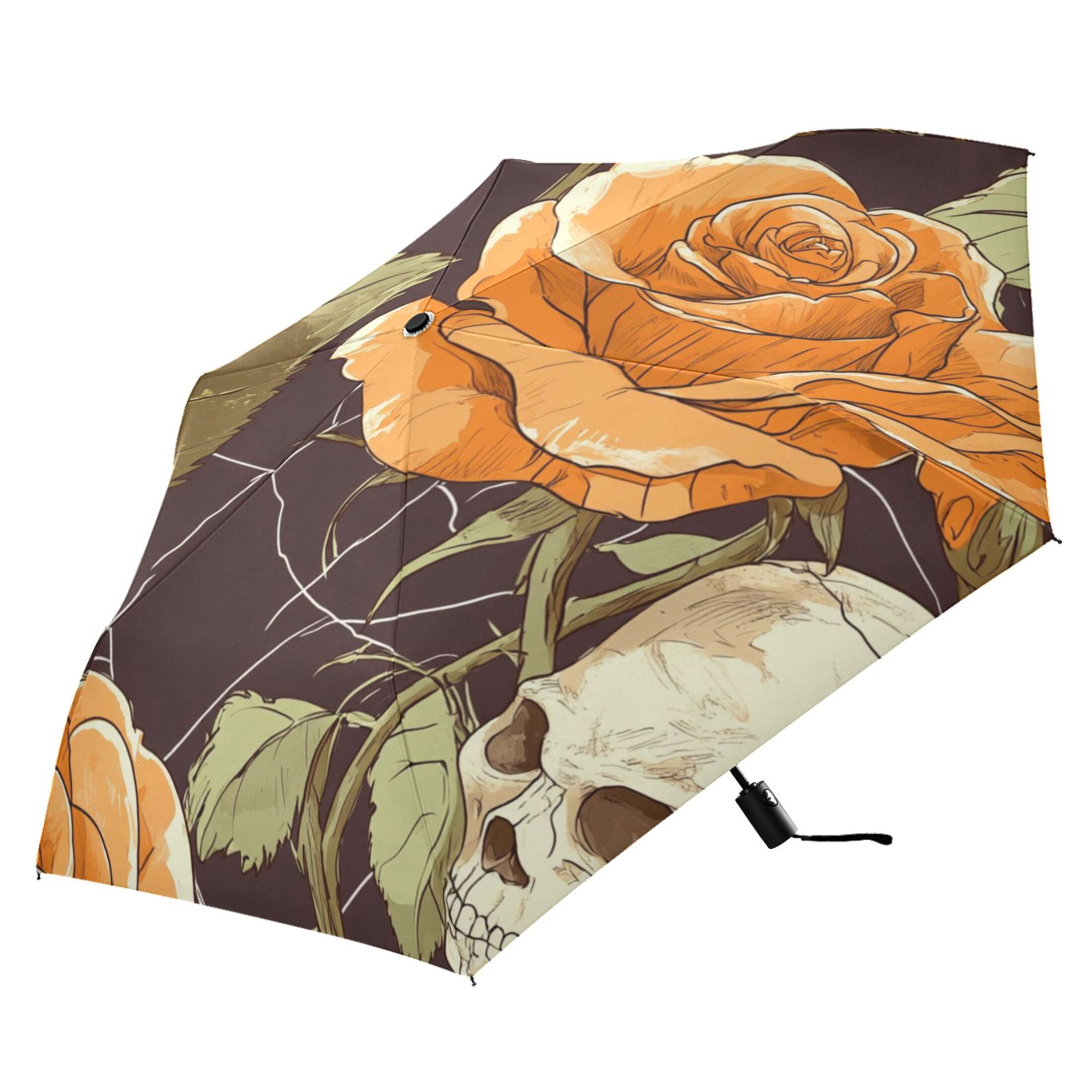 Rose and Skull Folding Umbrella UV50+ Waterproof Sun Protection Auto Open Close Compact Fiberglass Frame