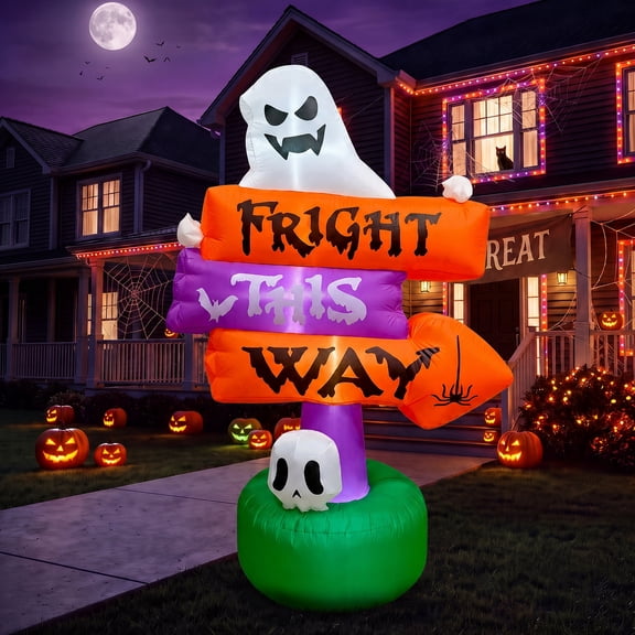 Glazina 7FT Halloween Inflatables Signpost with Ghost and Skull, Blow Up Yard Decor with LED Lights