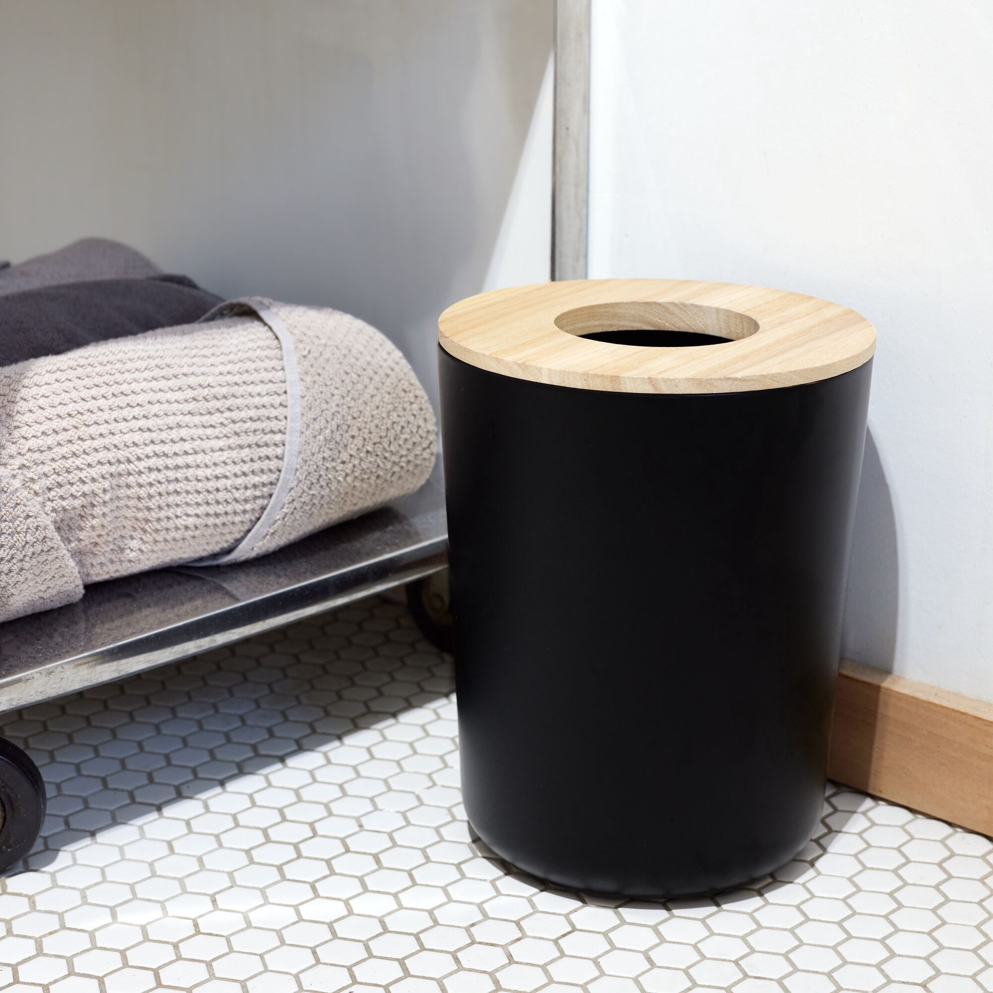 iDesign Bathroom Vanity Trash Can, 2.2 Gallon Round Steel and Wood Lid Garbage Bin, Black