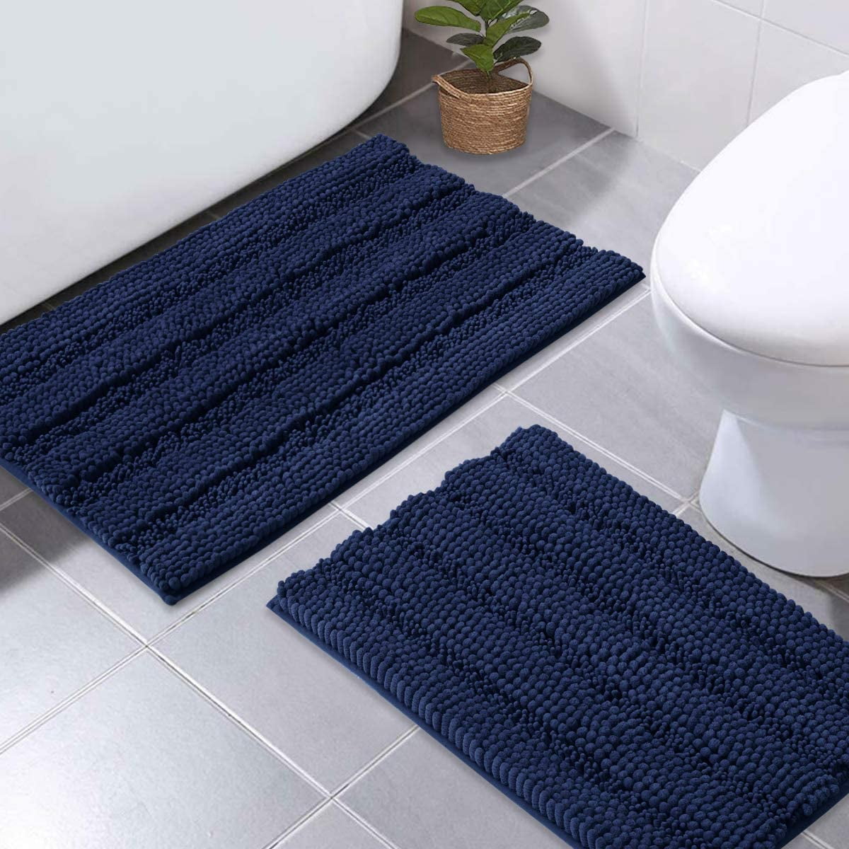 Dark Blue and White Stripes Bathroom Flannel Rug Non-Slip Floor Door Mat 16x24" 