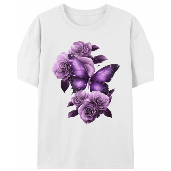 Women's T-Shirt Retro Dreamy Purple Butterfly Wings Rose Short Sleeve Casual Tee Classic Crew Neck T Shirt for Women White, L