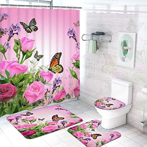 Butterflies and Flowers Shower Curtain Toilet Cover Rug Bath Mat Contour Rug Set 