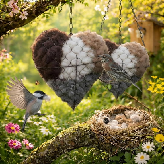 Handmade Fiber Bird Nesting Heart, 2026 New Birds Nests Material Holder, Hummingbird Nest Boxes for Outside, Nester Houses Design, Winter Fowl Gifts Animal Hummingbirds Lovers Home Garden Yard (2Set)