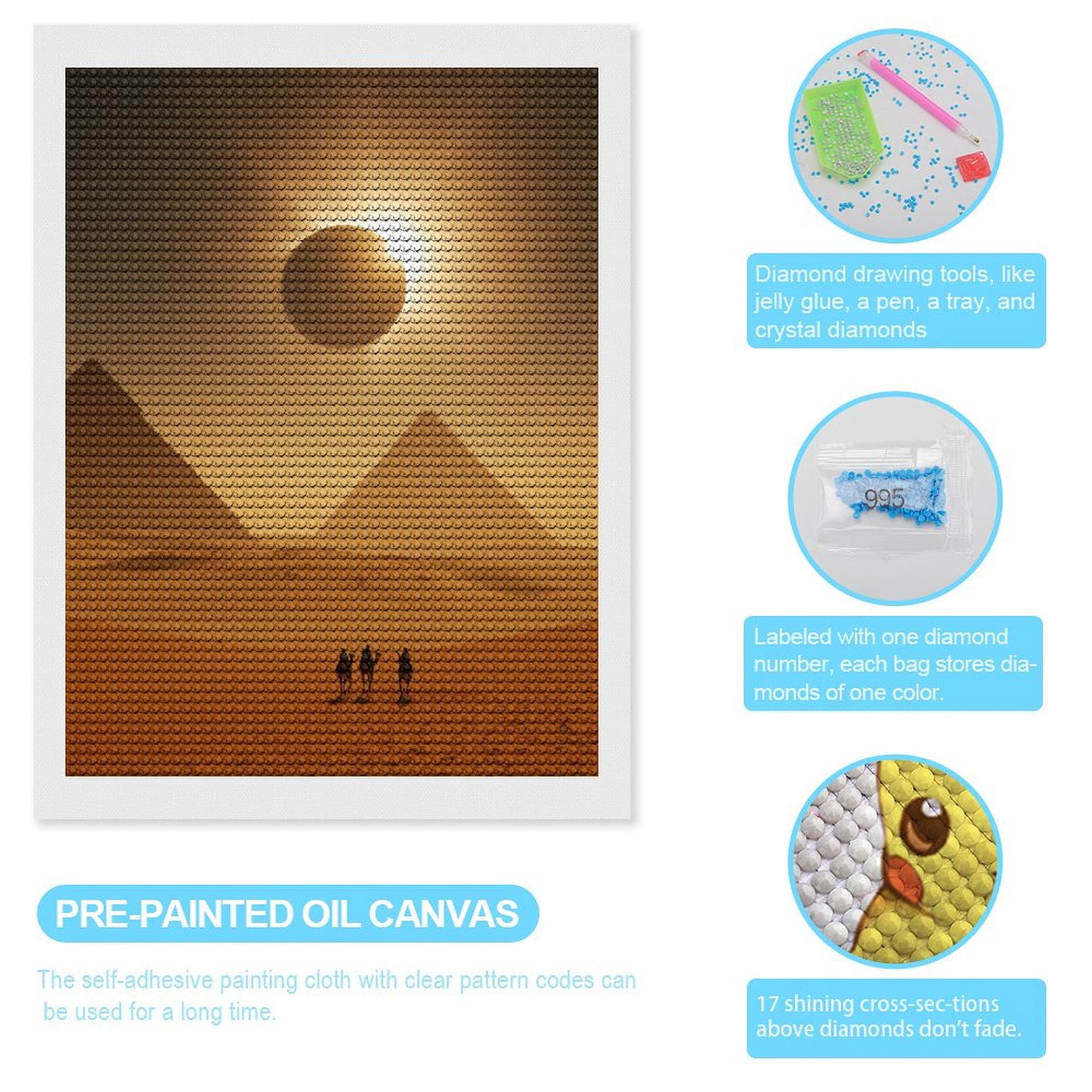 Diamond Art Kits for Adults, Desert Eclipse Pyramids Camels Silhouette 5D Diamond Painting Kits for Adults Beginners, DIY Full Drill Diamond Painting, Gem Art and Crafts 12x16