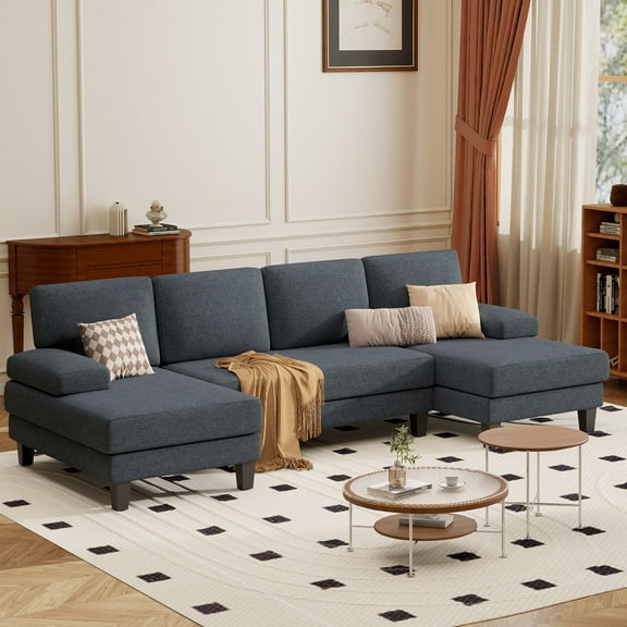 Villeston U-shaped Sectional Sofa 110" Linen Fabric Couch with Dual Chaise Lounges for Living Room,Dark Gray