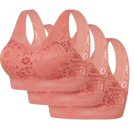 REORIAFEE Full Support Bras for Women 3PC Gathered Together Wireless Bras Solid Brassiere Comfy Wide Strap Breathable Corset Underwear Comfortable Classic Support Lingerie Red M