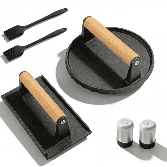 Cast Iron Smash Bacon Press with Wood Handle, Round & Rectangular Grill Press for Steak, Burgers, Paninis