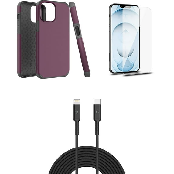 Bemz iPhone 13 Pro Bundle: Dual Layer Shockproof Protection Case, Glass Screen Protectors (2-Pack), USB-C to Lightning Cable (3.3ft/1m) and Touch Tool Keychain - Dark Purple