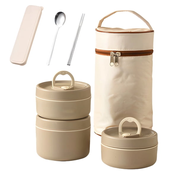 3 Pcs Stainless Steel Lunch Container Set,Portable Insulated Lunch Bag,Stackable Bento Box with Wheat Cutlery Kit,Leakproof Hot Food Lunch Containers for Work Picnic(Brown)