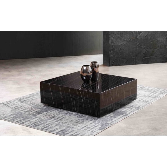 Whiteline Modern Living Cube Square Black high gloss Marble coffee table, with casters
