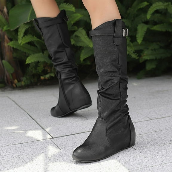Viluyesy Womens Knee High Boots, Half-Zipper Round Toe Hidden Heel Fashion PU Leather Slouchy Boots Black