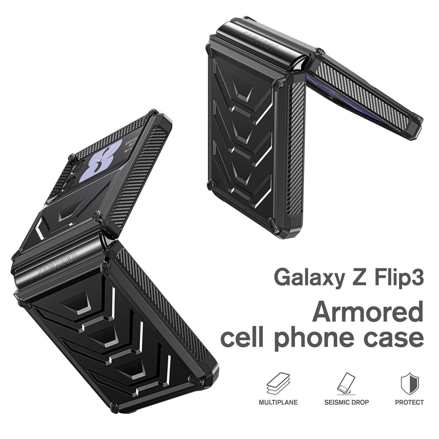 Nalacover for Samsung Galaxy Z Flip 3 Wireless Charging Case,Full-Body Protection Military Grade Heavy Duty Rugged Hard PC Armored Dual Layer Built-in Screen Protector Shockproof Cover.Black