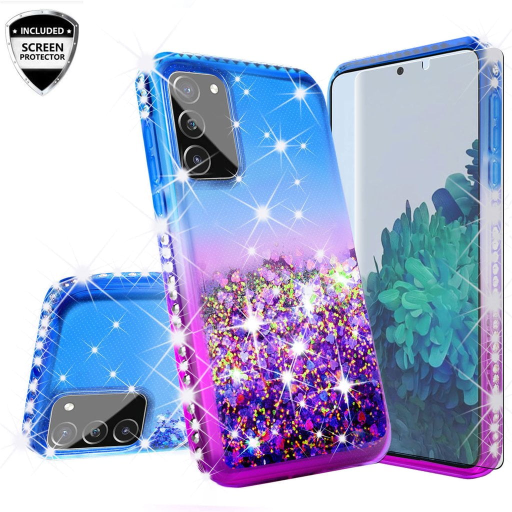 Galaxy A12 Case w[Temper Glass] Cute Liquid Glitter Bling Diamond Bumper Girls Women Phone Case for Samsung Galaxy A12 - Purple/Blue