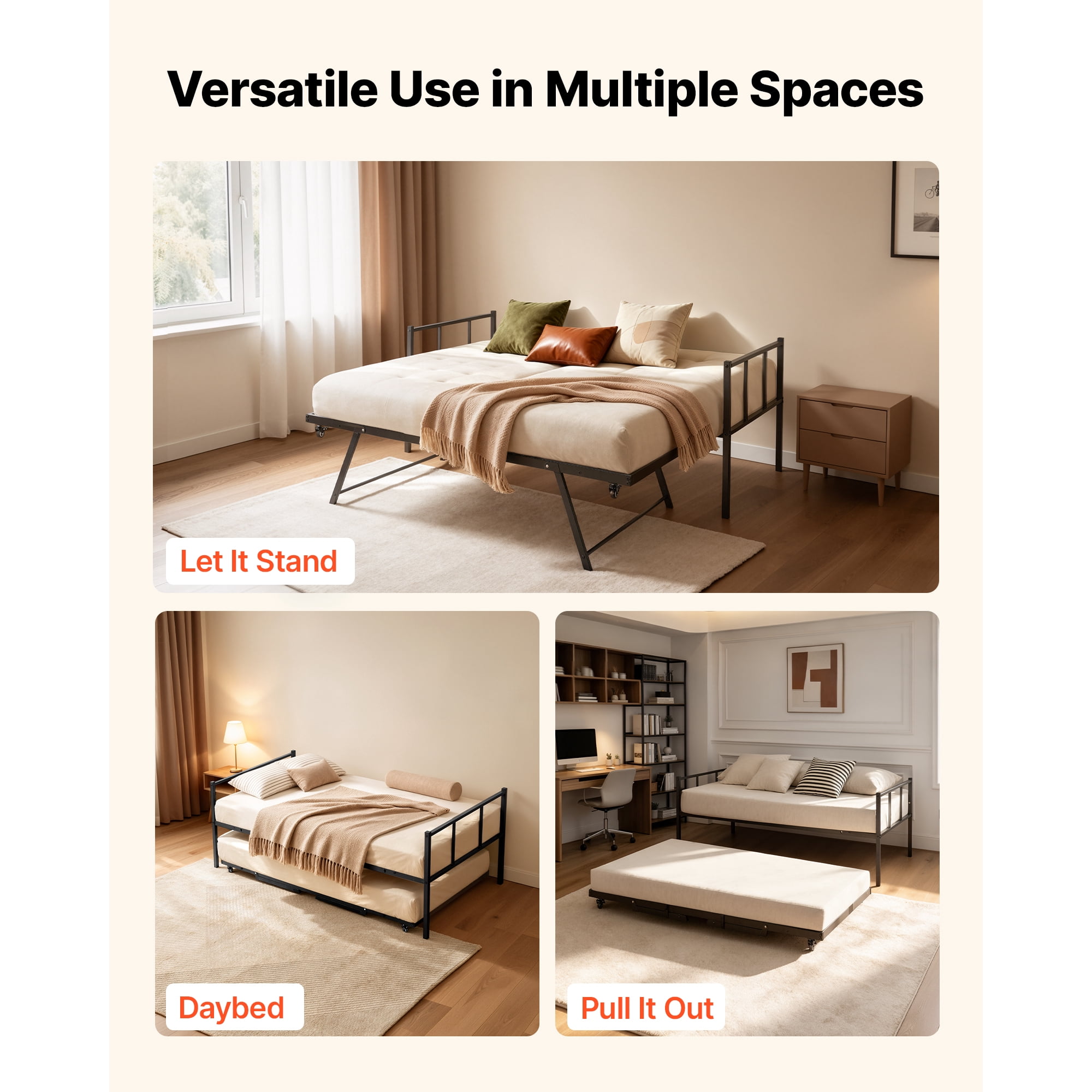 KFFKFF Twin Daybed with Pop-Up Trundle Metal Frame,Rectangular Design for Living Room,Bedroom,or Guest Room.Space-Saving Heavy-Duty Metal Sofa Bed with 2 Lockable Casters,Simple Assembly,Black Finish