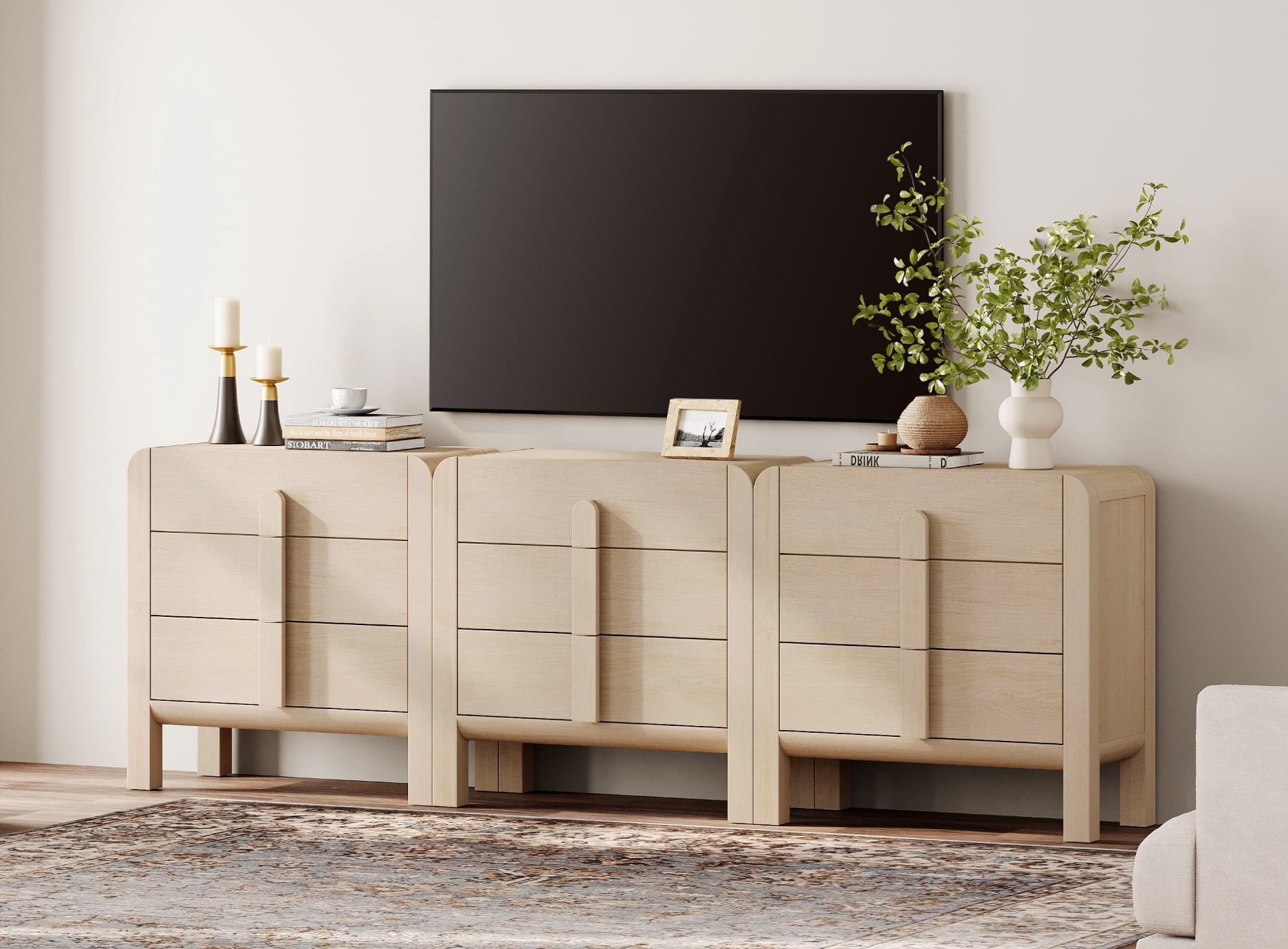 Modern 9 Drawer Dresser TV Stand for TVs up to 100 Inch, Cruved Entertainment Center, Wood TV Console with Storage for Living Room