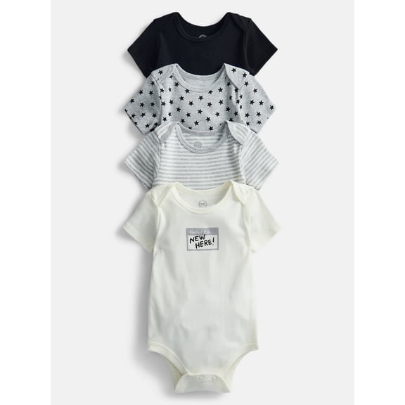 Wonder Nation Baby Boys Short Sleeve Cotton Bodysuit, 4-Pack, Sizes 12 Months-24 Months