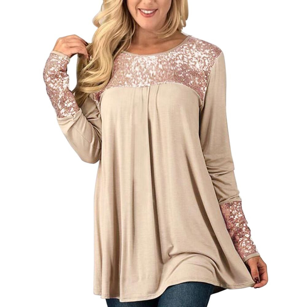 TWIFER Fashion Womens Casual Sequins Long Sleeve V-Neck T-Shirt Solid Blouse Loose Tops Pullover Tunic