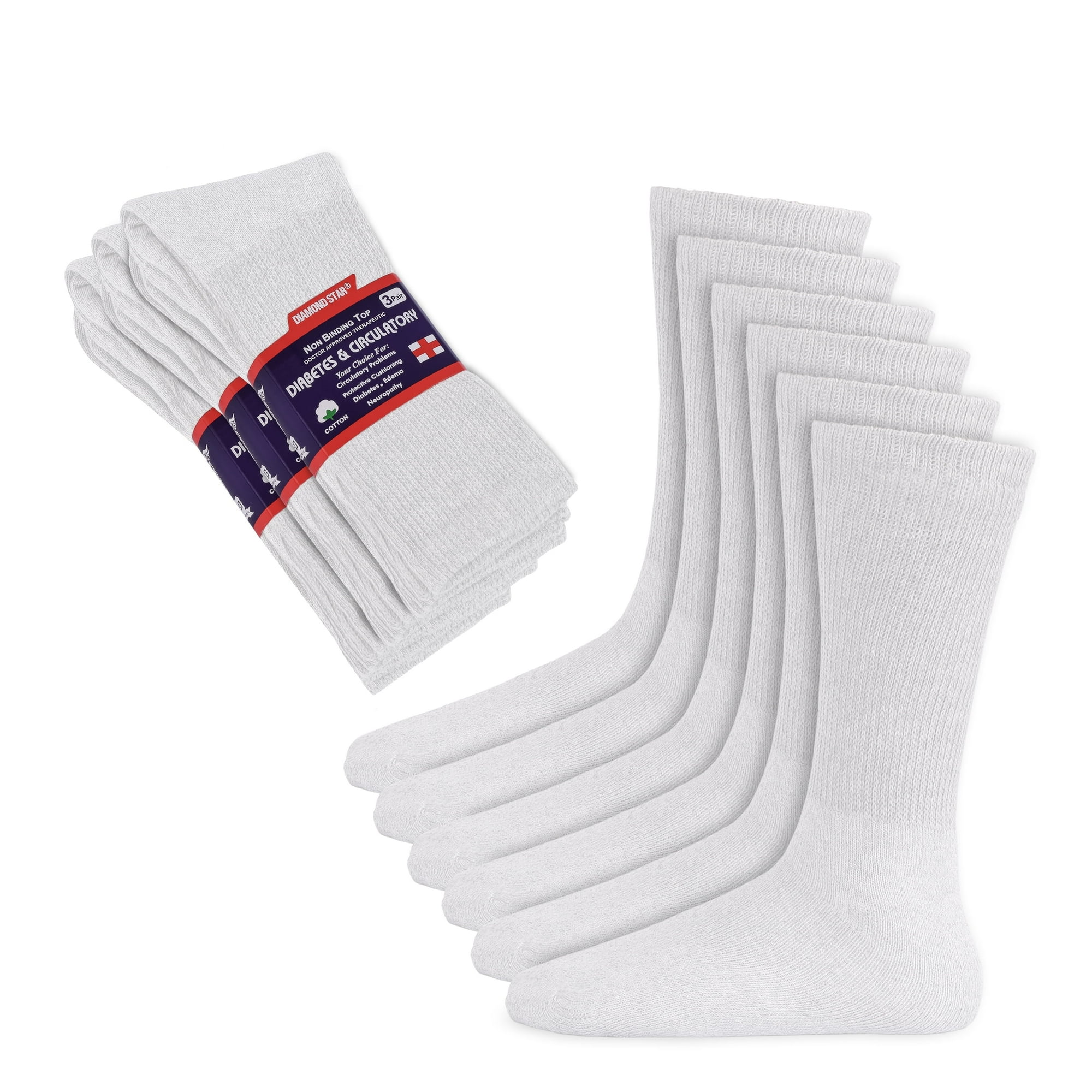 Diamond Star Diabetic Socks, Non-Binding Circulatory Cushion Cotton Crew Diabetic Socks for Men Women (White - 3 Pairs, Socks Size 10-13, Fit Men's Shoe Size 7-12)