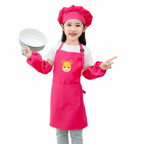 AUQ Kids Apron,Polyester Blend Apron with Pockets,Alterable Shoulder Strap Toddler Apron,Rosered