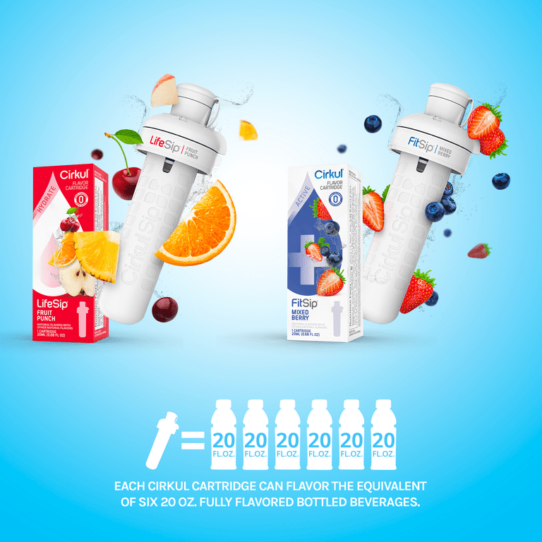 Cirkul 22oz Plastic Water Bottle Starter Kit with 2 Flavor Cartridges  (Fruit Punch & Mixed Berry)