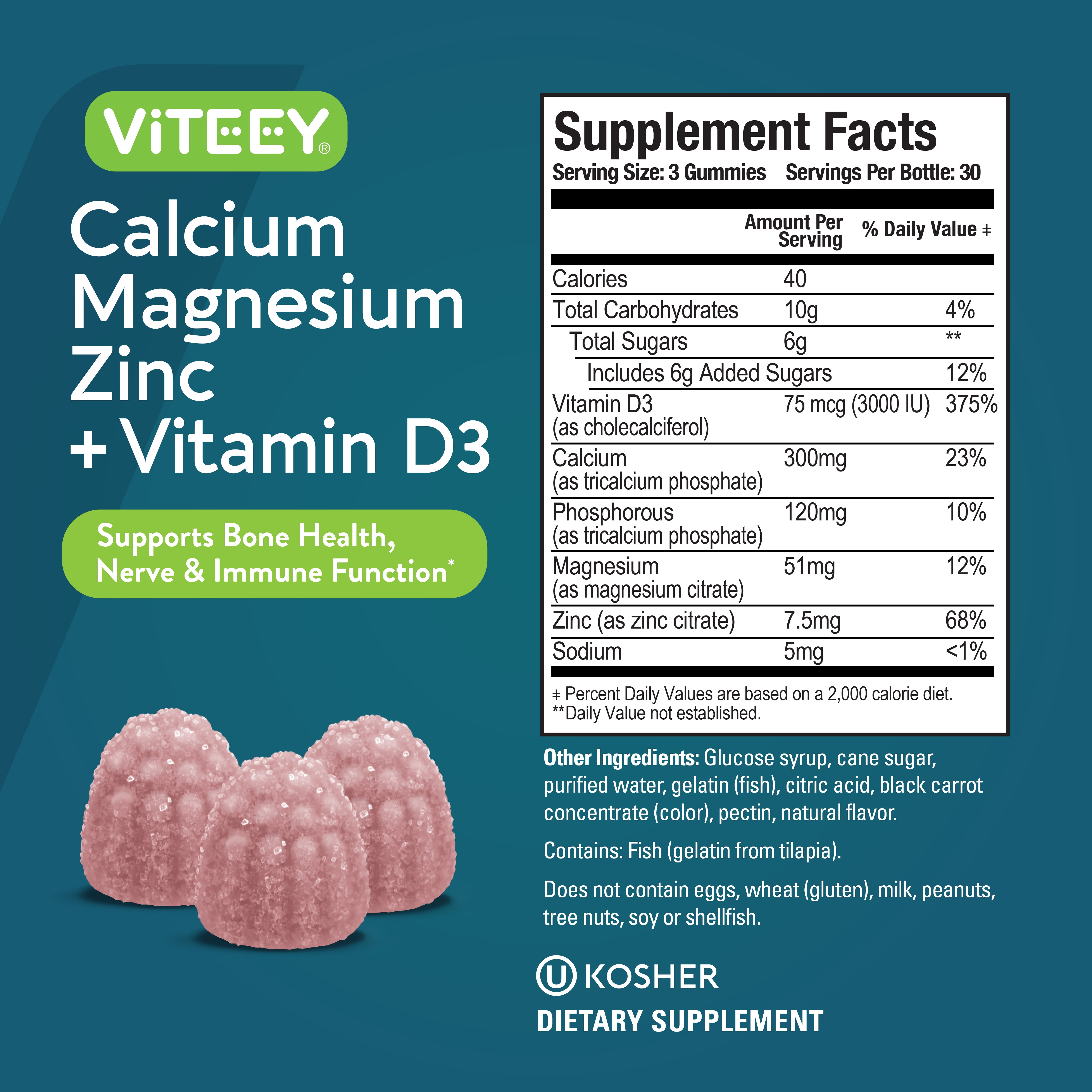 VITEEY Calcium Magnesium Zinc Gummies with Vitamin D3, Bone and Immune Support, 180 Ct