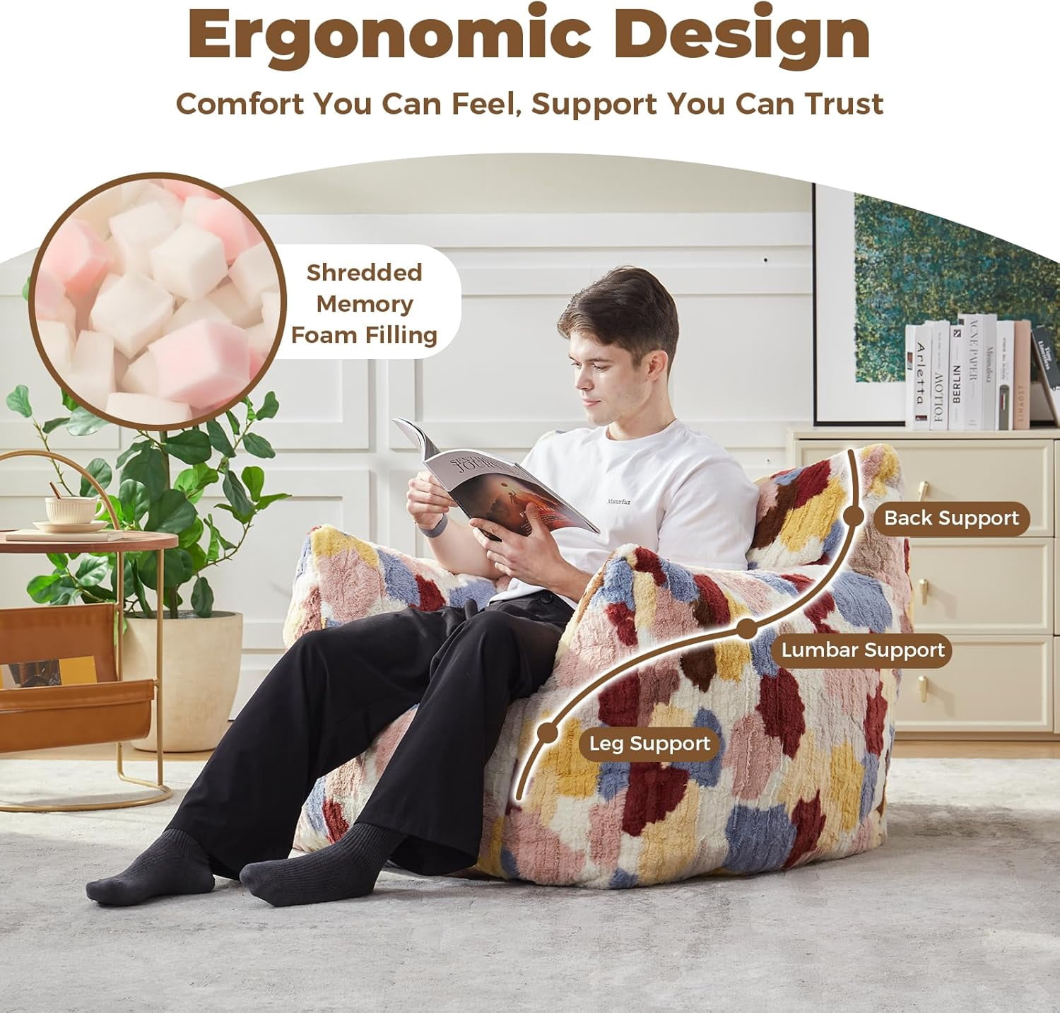 Ebenchico Giant Bean Bag Chair for Adults Teens, Large Bean Bag Couch Sofa with Armrests, Comfy Fuzzy BeanBag Chairs with Filling, Rainbow