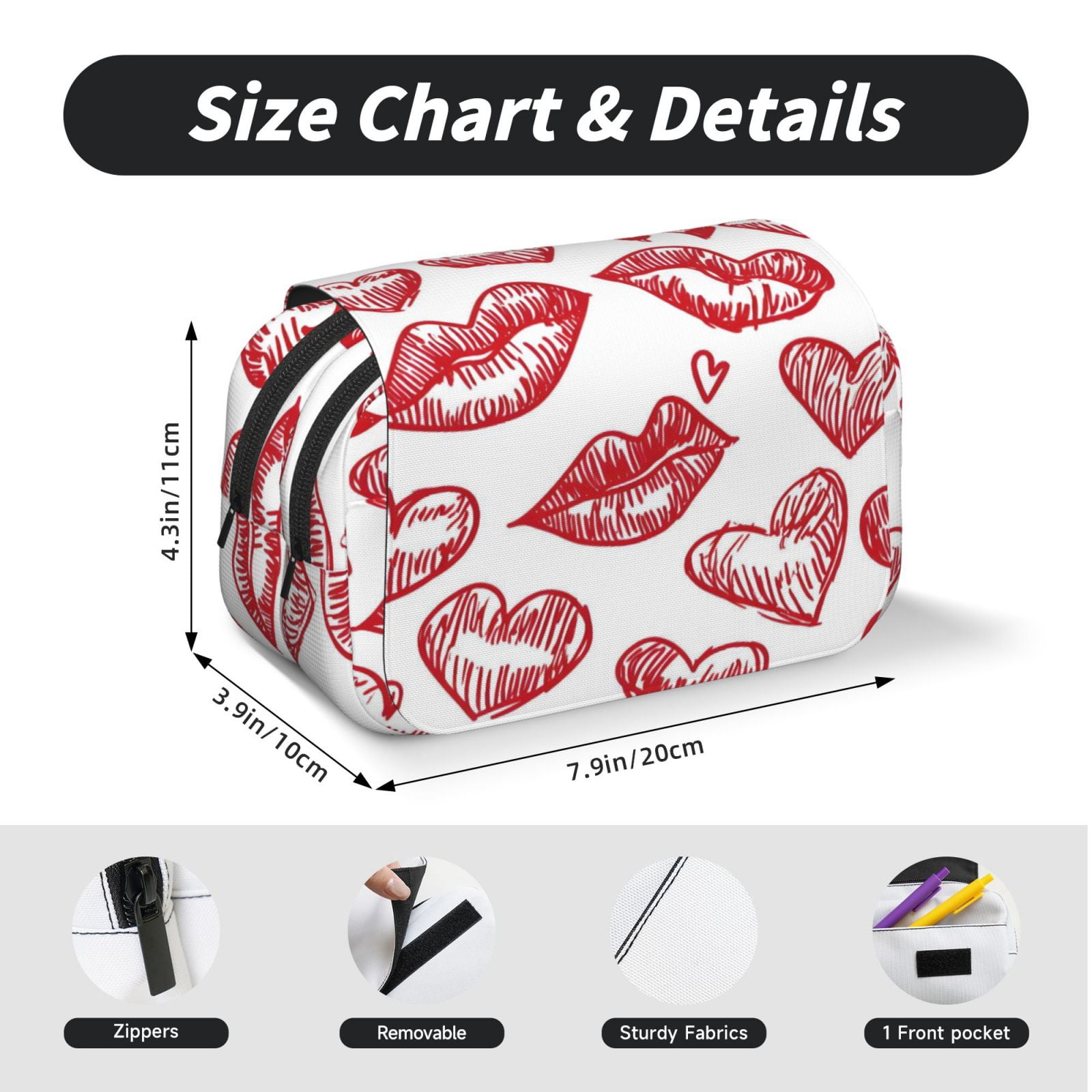 Large-Capacity Flip-Top Double-Layer Pencil Case, Multi-Functional Pocket Pen Case, Durable Stationery Organizer Valentines Day Sexy Lips And Hearts