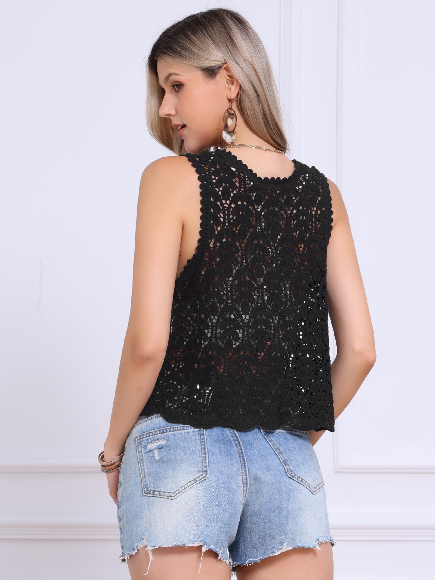 DARING DIVA Women's Floral Crochet Hollow Out Open Front Vest L Black