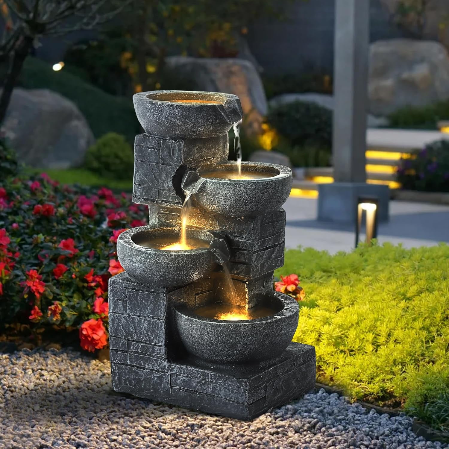 Haverchair 21.9" Outdoor Water Fountain with LED Lights, 4-Tier Bowl and Stacked Stones Garden Fountain, Modern Cascading Waterfall Fountains for Garden, Patio, Backyard, Porch and Home Decor