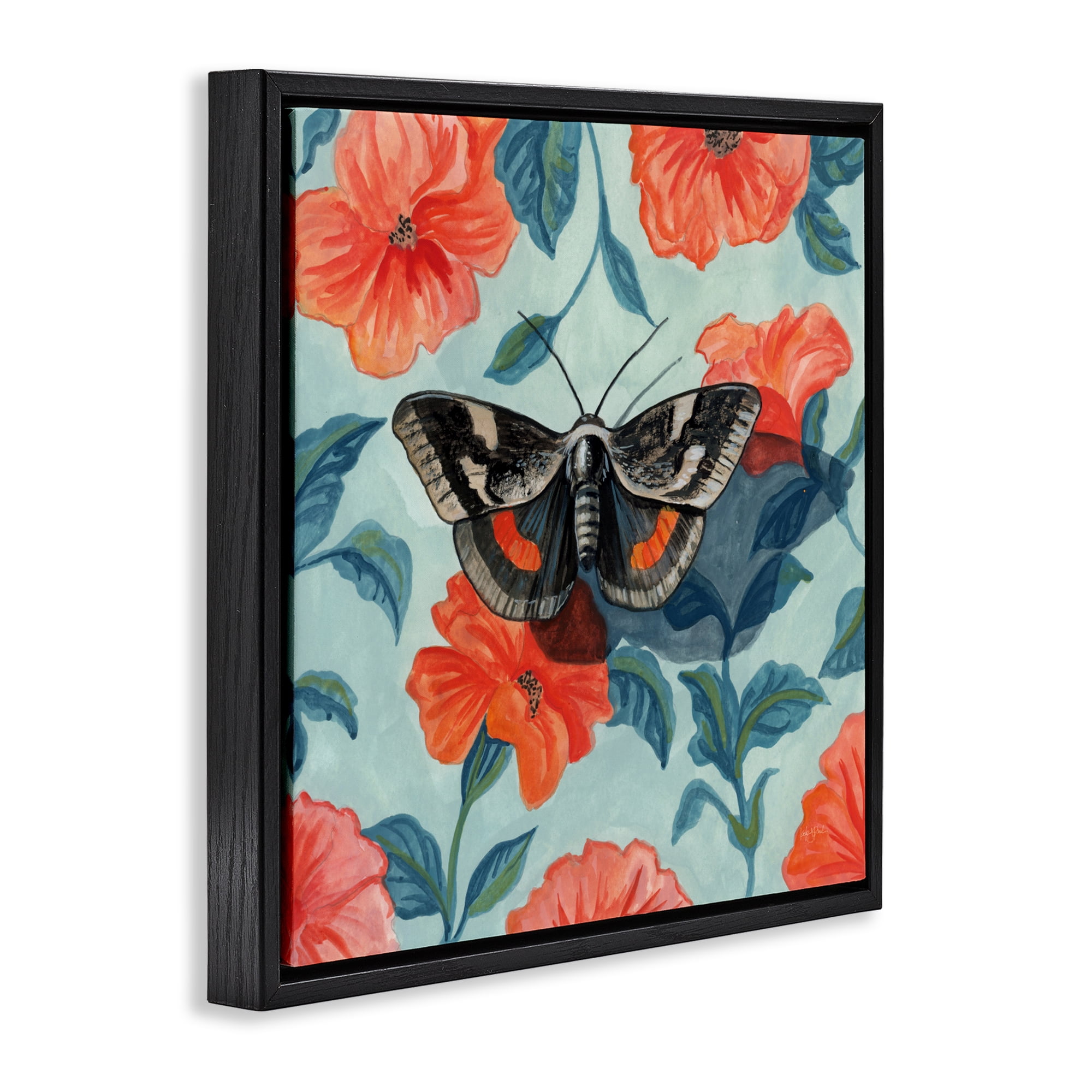 Stupell Industries Academia Moth On Floral Black Framed Floater Canvas Wall Art, design by Kate Jarvik Birch