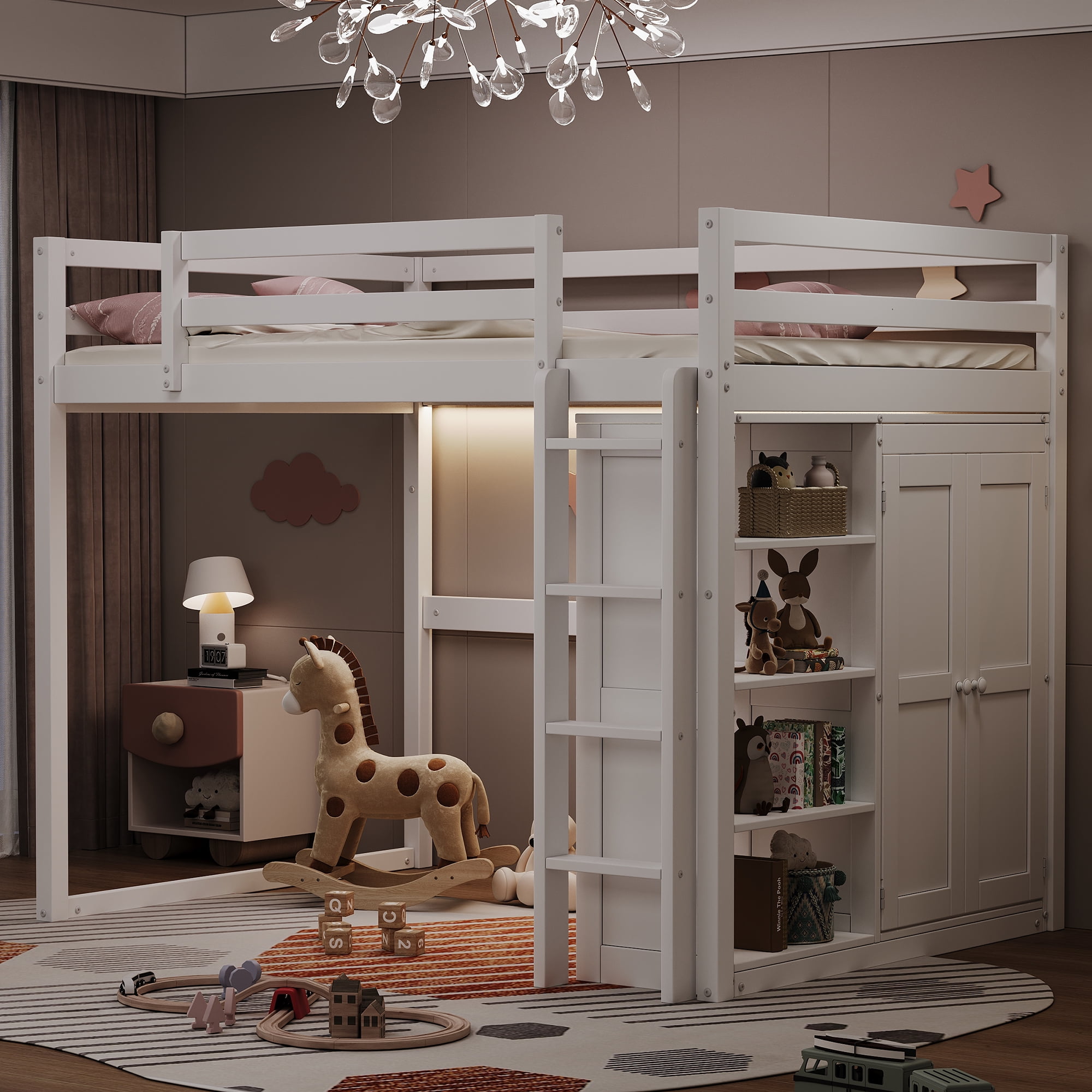 Euroco Wood Full Size Loft Bed with LED Light, Bookcase and Wardrobe, Storage Shelf for Kids Teens, White