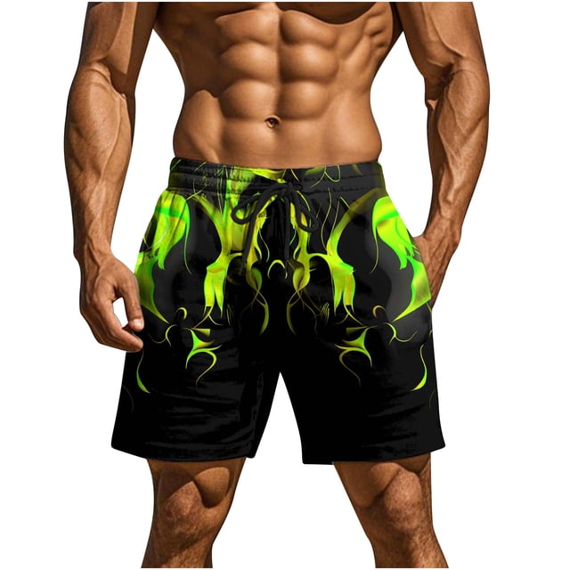 Beach Shorts for Men, Fast-Drying Polyester Swim Trunks with Flame Print, Lightweight Summer Casual Wear, Elastic Waistband, Side Pockets, UPF Protection