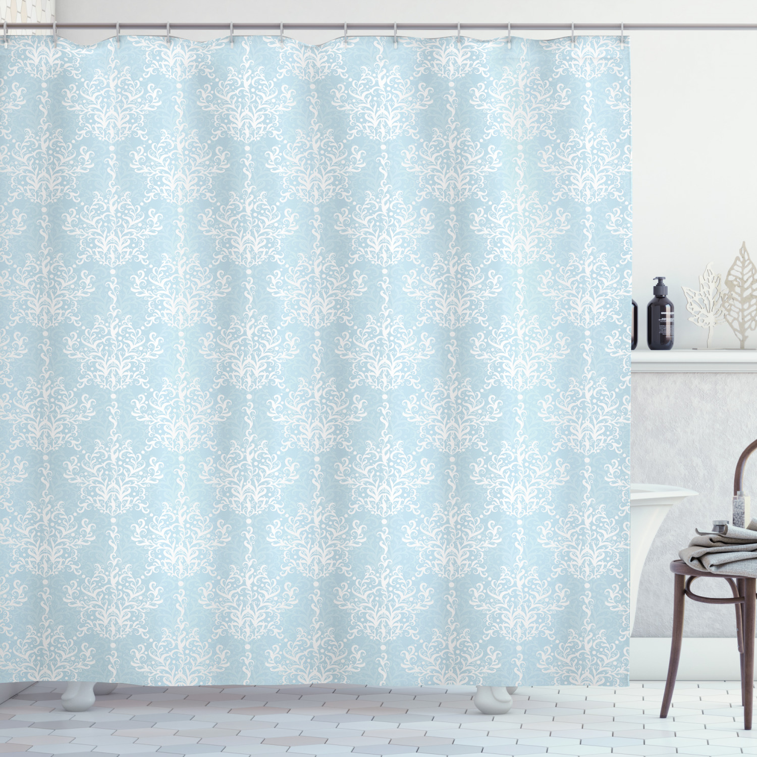 White Damask Shower Curtain, Soft Tone Victorian Style Inspired Curls