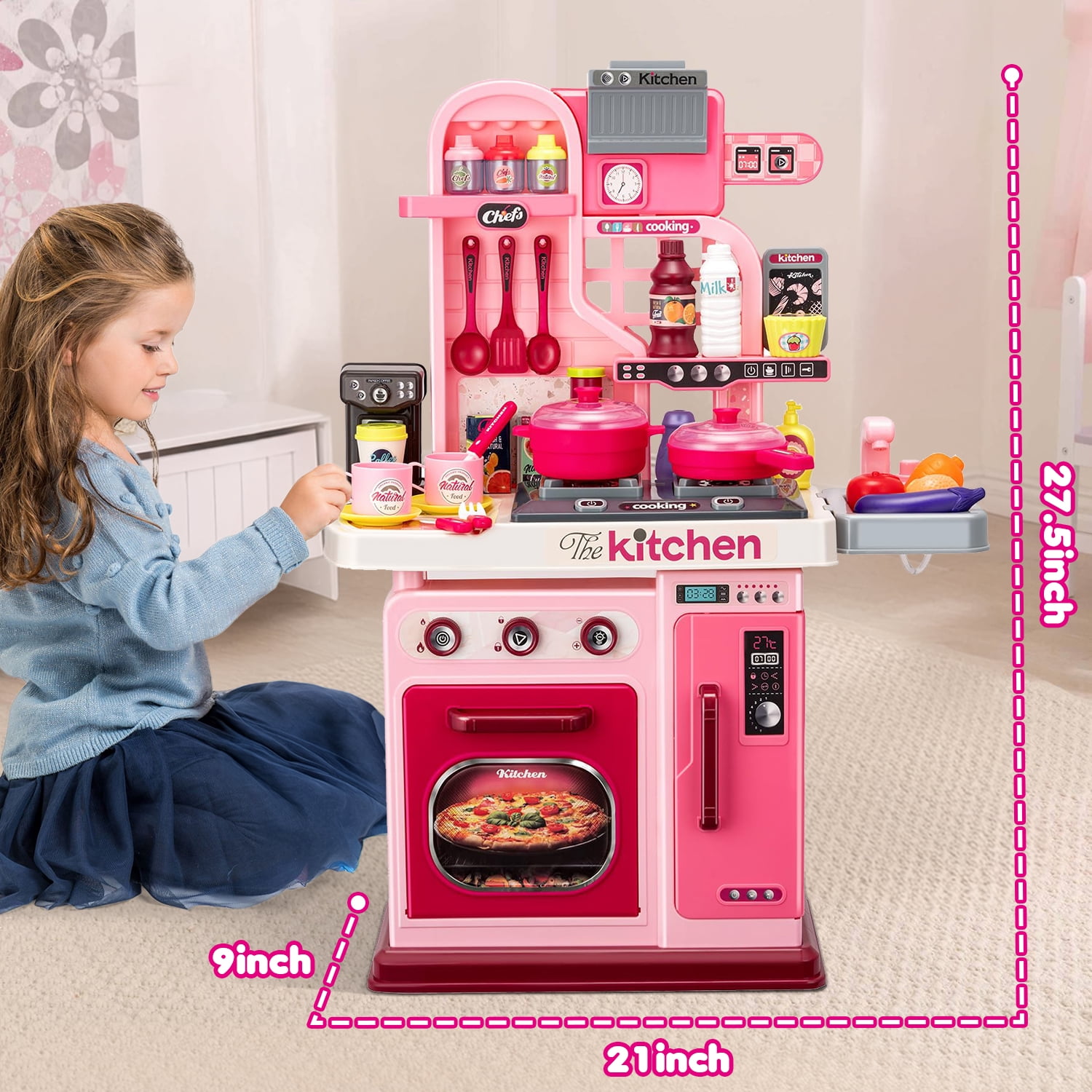Hot Bee 34 inch Play Kitchen Toy Sets for Girls, Cooking Stove, Play Sink, Oven w/ Realistic Lights&Sounds, Birthday Christmas Toys Gift for Toddlers Girls Boys 3 4 5 6+
