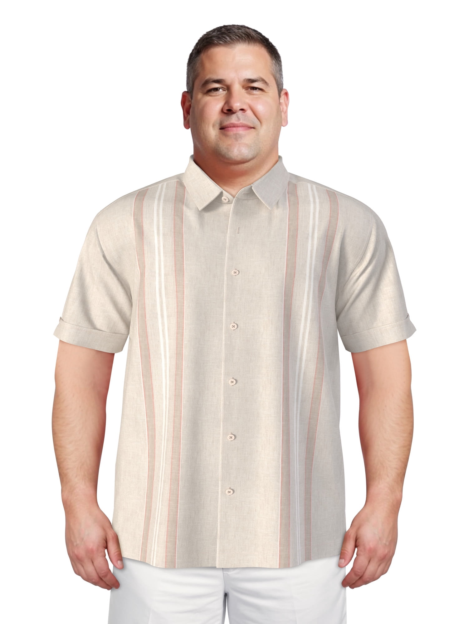 Havanera Men's and Big Men's Yarn Dyed Panels Short Sleeve Linen Cotton Button-Down Shirt, Sizes S-5XL