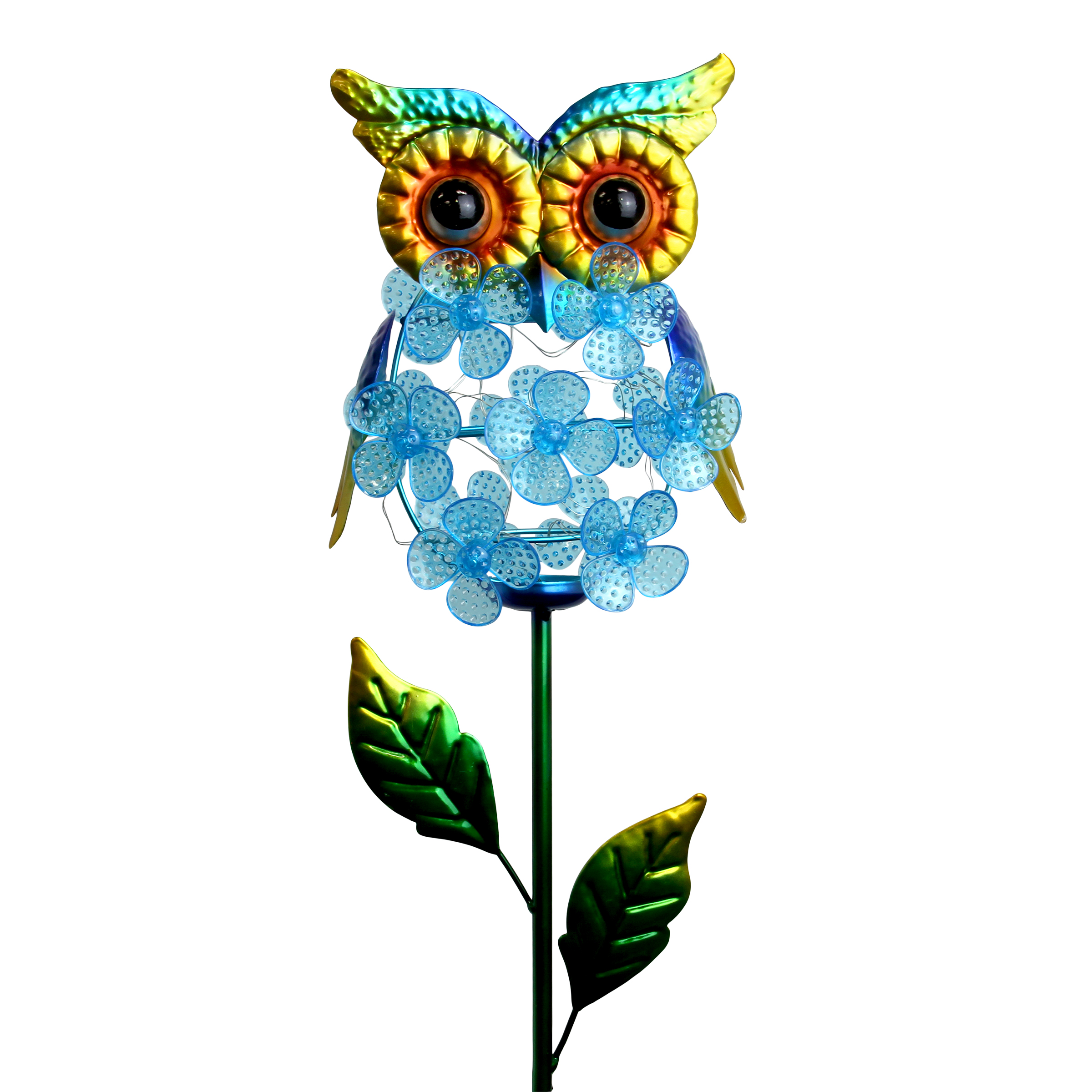 Exhart Solar Blue Owl with Spinning Flower Body Garden Stake, 7 by 36