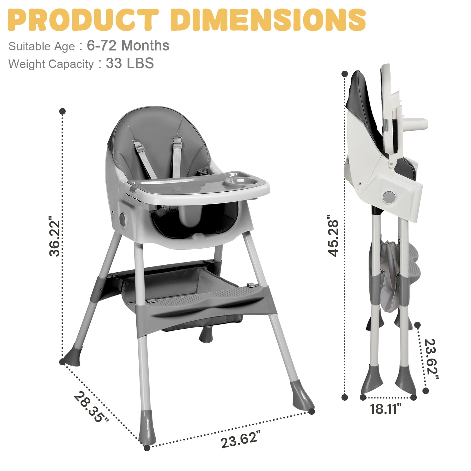 Ktaxon Baby High Chair, Convertible 6 in 1 High Chairs for Babies and Toddlers, Foldable Baby Highchair with 5-Point Safety Harness, Adjustable Dining Tray, Backrest & Height, Gray