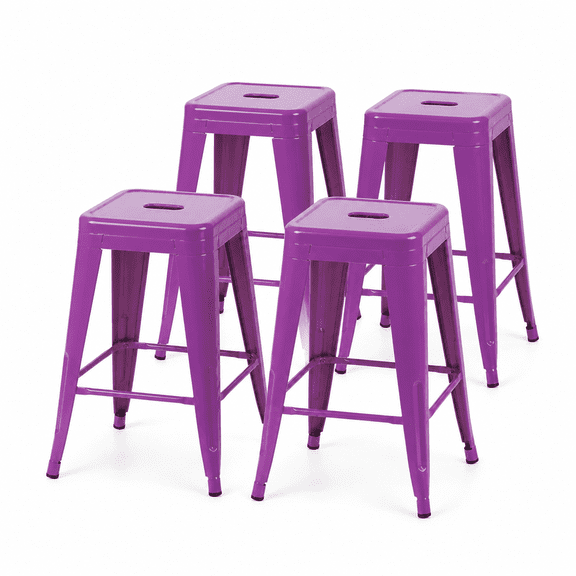 24 Inch Backless Metal Counter Stool Set of 4, Purple, Stackable with Carry Hole and Footrest
