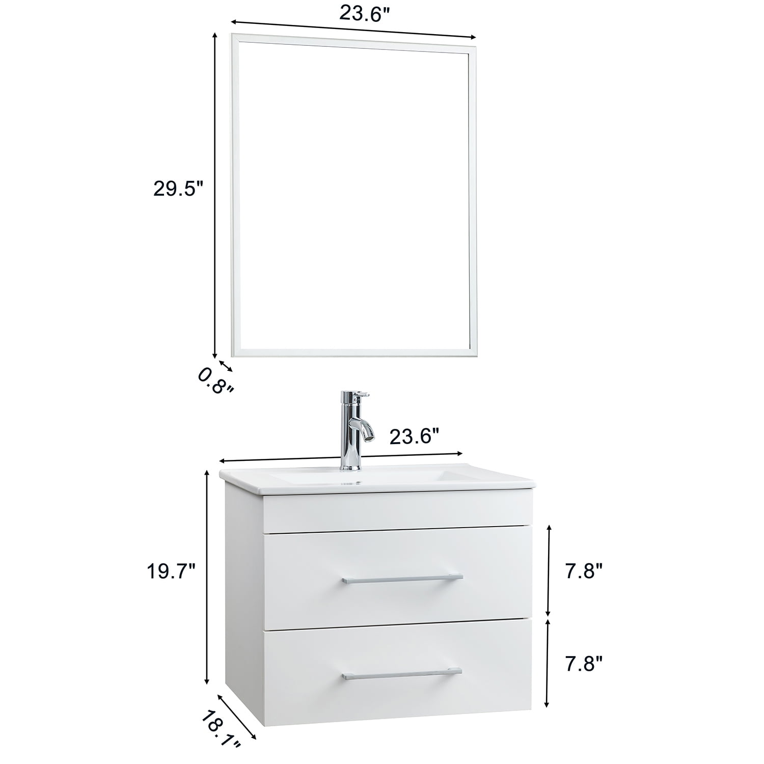 Demi Bonn 24" Wall-Mounted Bathroom Vanity with Ceramic Sink, 2 Soft-Close Drawers and Aluminum Frame Mirror, Faucets and Drains Not Included, White