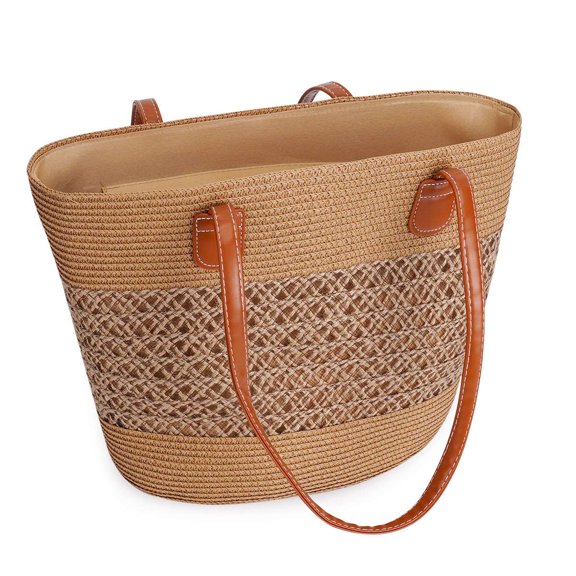 PULLIMORE Women's Straw Lace Beach Tote Bag, Large Summer Boho Woven Bags Shoulder Purse Handbags for Vacation, Khaki